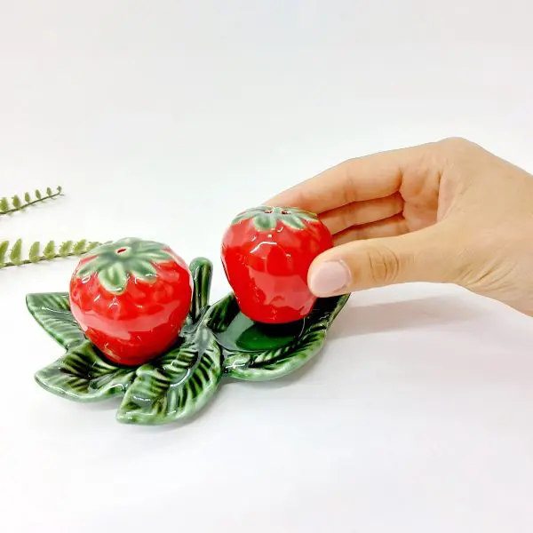 Strawberry Salt and Pepper Shaker with Leaf Base