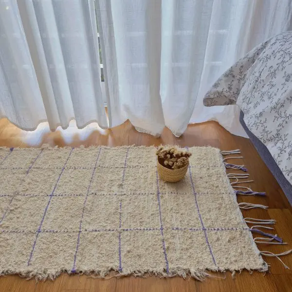 Small Cream Rug With Purple Line Squares - 50x100cm - Soft Rug
