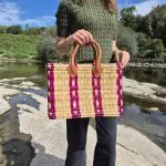 Reed Basket Bag With Leather Handle - Beige and Pink