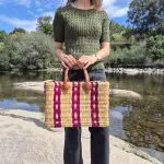 Reed Basket Bag With Leather Handle - Beige and Pink