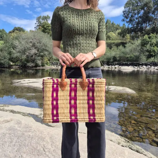 Reed Basket Bag With Leather Handle - Beige and Pink