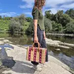 Reed Basket Bag With Leather Handle - Beige and Pink