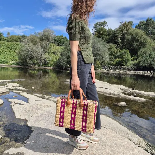 Reed Basket Bag With Leather Handle - Beige and Pink