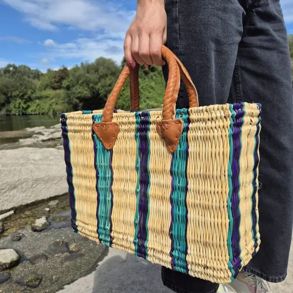 Reed Basket in Beige Green and Purple Colors