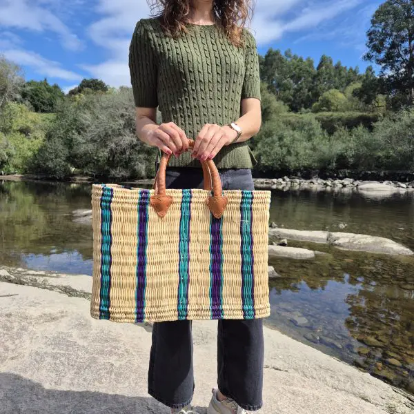Reed Basket in Beige Green and Purple Colors