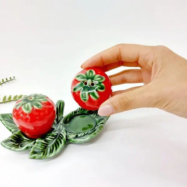 Strawberry Salt and Pepper Shaker with Leaf Base