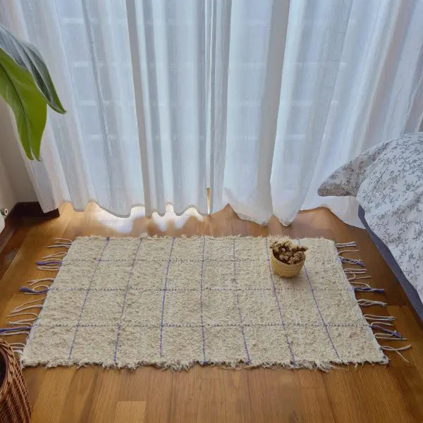 Small Cream Rug With Purple Line Squares - 50x100cm - Soft Rug