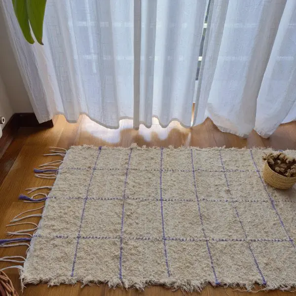 Small Cream Rug With Purple Line Squares - 50x100cm - Soft Rug