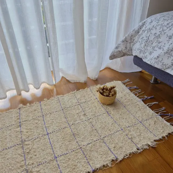Small Cream Rug With Purple Line Squares - 50x100cm - Soft Rug