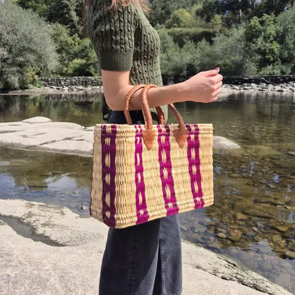 Reed Basket Bag With Leather Handle - Beige and Pink