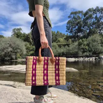 Reed Basket Bag With Leather Handle