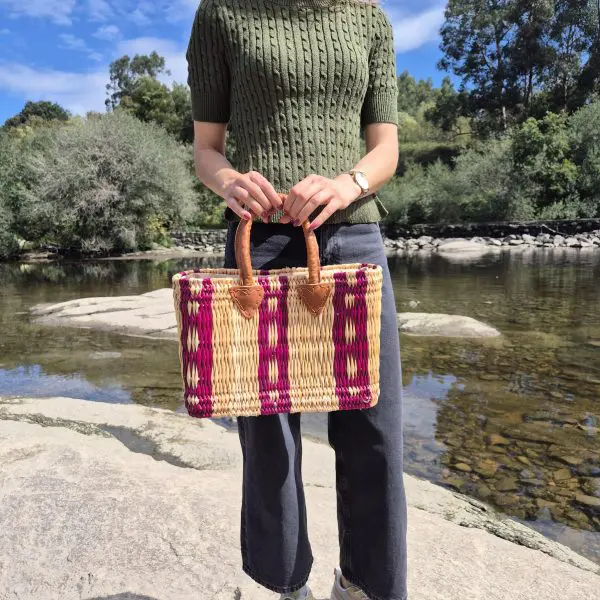 Reed Basket Bag With Leather Handle - Beige and Pink