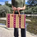 Reed Basket Bag With Leather Handle - Beige and Pink