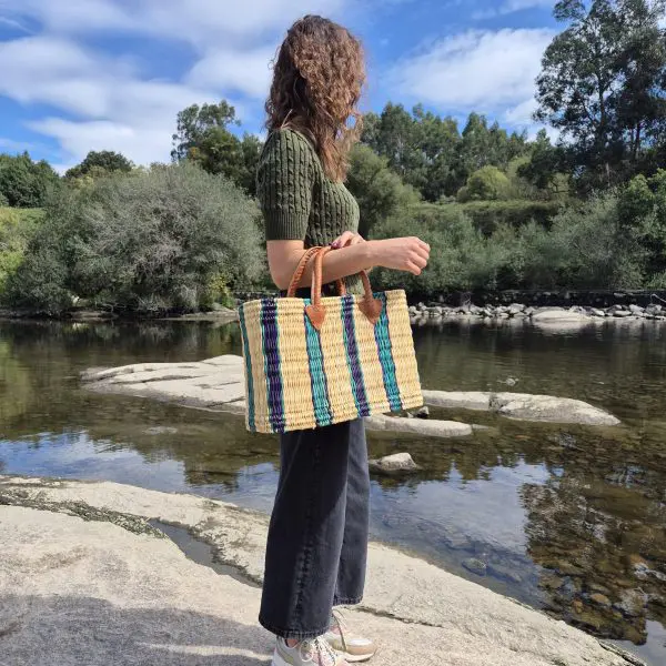 Reed Basket in Beige Green and Purple Colors
