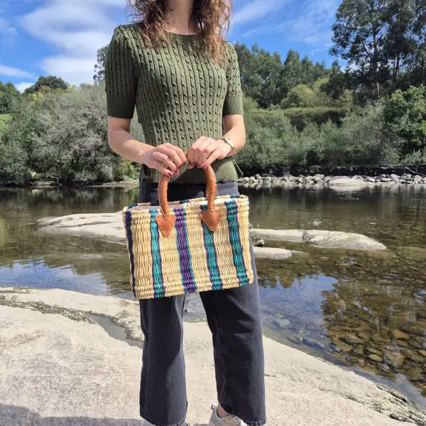 Reed Basket in Beige Green and Purple Colors