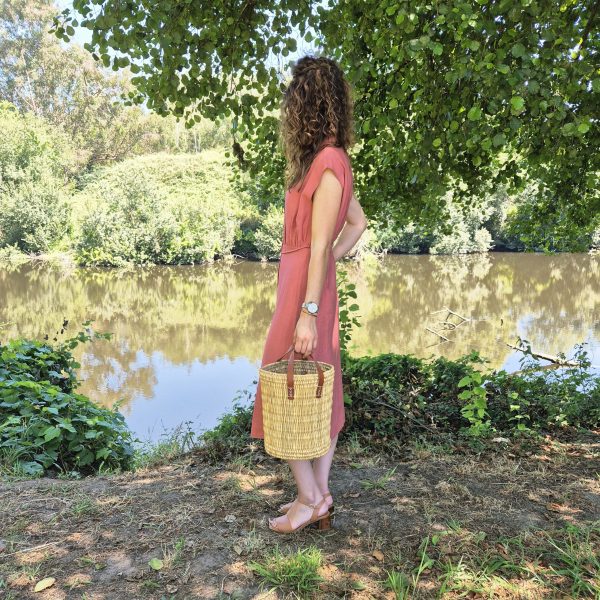 Round Reed Basket Bag with Leather Handle
