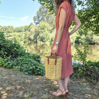 Round Reed Basket Bag with Leather Handle