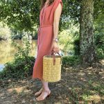 Round Reed Basket Bag with Leather Handle