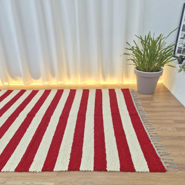 Large Red and Cream Rug with Stripes made with organic cotton