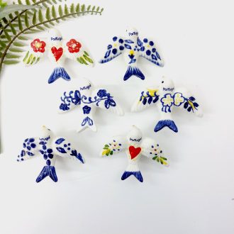 Glazed Ceramic Swallows with Flowers Small Birds