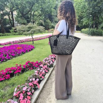 Straw Tote Bag with Black Crochet Trim