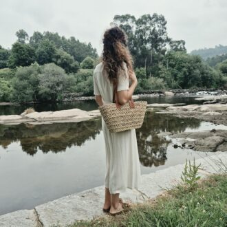 woven tote bag with leather straps