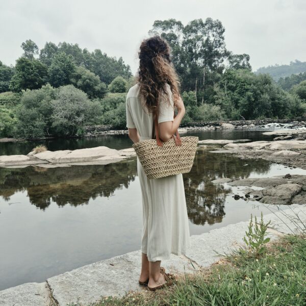 woven tote bag with leather straps